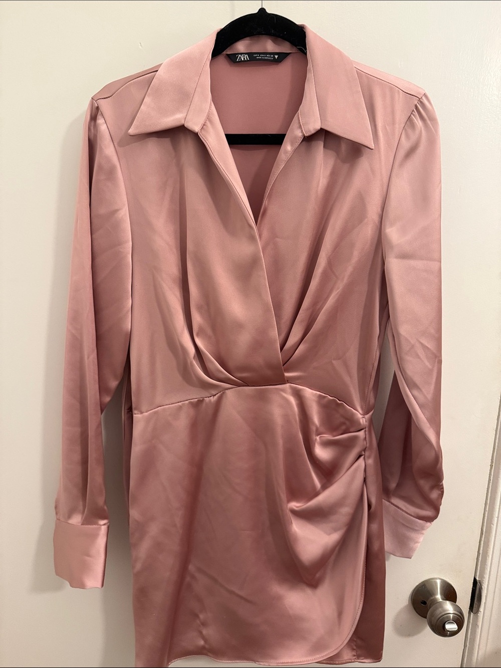 Zara Blush Pink Satin Wrap-Style Long Sleeve Dress